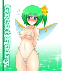 Rule 34 | 1girl, arms behind back, bad id, bad pixiv id, bikini, blue eyes, blush, breasts, covered erect nipples, cowboy shot, daiyousei, fairy wings, flying sweatdrops, gradient background, green hair, highres, looking at viewer, medium breasts, micro bikini, navel, nipples, open mouth, see-through, short hair, side ponytail, simple background, solo, standing, swimsuit, tears, touhou, wavy mouth, white background, wings, yani tama