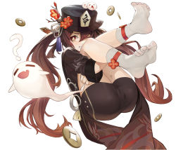 Rule 34 | 1girl, absurdres, artist request, ass, blush, brown hair, cameltoe, chinese clothes, cleft of venus, fang, genshin impact, ghost, grin, hat, highres, hu tao (genshin impact), hugging own legs, legs, legs up, long hair, looking at viewer, red eyes, short shorts, shorts, simple background, smile, socks, solo, symbol-shaped pupils, twintails, very long hair, white background
