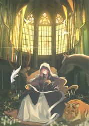 Rule 34 | 1girl, architecture, backlighting, bead necklace, beads, big hair, bird, black dress, blonde hair, breasts, candle, candlelight, church, closed eyes, deer, dove, dress, gothic architecture, grass, hair between eyes, hair over shoulder, highres, hijiri byakuren, horse, indoors, jewelry, jpeg artifacts, large breasts, light particles, long hair, long sleeves, nakano elsa, necklace, open hand, parted lips, puffy long sleeves, puffy sleeves, purple hair, scroll, sitting, sleeping, smile, solo, stained glass, tiger, touhou, veil, very long hair, white dress