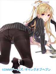 Rule 34 | 1girl, :o, all fours, ass, blonde hair, bow, cameltoe, crotch seam, formal, gang of heaven, hair bow, high heels, long hair, looking at viewer, looking back, money, official art, panties, panties under pantyhose, pantyhose, pinstripe pattern, pinstripe suit, ponytail, purple eyes, sherypton, simple background, solo, striped, suit, thighband pantyhose, underwear, white background