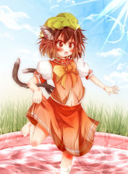 Rule 34 | 1girl, animal ears, bad id, bad pixiv id, barefoot, blush, bow, brown hair, cat ears, cat girl, cat tail, chen, cloud, daidai ookami, day, fang, female focus, grass, hat, highres, multiple tails, navel, open mouth, orange eyes, puffy sleeves, short hair, short sleeves, sky, solo, tail, touhou