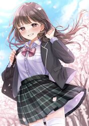 Rule 34 | 1girl, absurdres, bag, blue sky, blunt bangs, blush, bow, bowtie, breast pocket, brown eyes, brown hair, buntason (buritarooooo), buttons, cherry blossoms, collared shirt, commentary request, cowboy shot, day, green skirt, grin, highres, jacket, long hair, looking at viewer, open clothes, open jacket, original, pink bow, pink bowtie, plaid, plaid skirt, pocket, school bag, school uniform, shirt, skirt, sky, smile, solo, spring (season), standing, teeth, thighhighs, tree, uniform, white shirt, white thighhighs, winter uniform