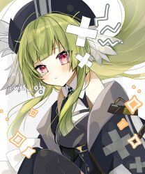Rule 34 | 1girl, arknights, bare shoulders, black hat, black jacket, blunt bangs, blush, closed mouth, collared shirt, floating hair, green hair, hat, hat feather, itsuki 02, jacket, looking at viewer, off shoulder, open clothes, open jacket, parted lips, poncirus (arknights), red eyes, shirt, simple background, sleeveless, sleeveless shirt, solo, twitter username, upper body, white background, white shirt