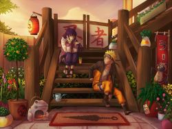 Rule 34 | 1boy, 1girl, blonde hair, blue eyes, cygnetzzz, eye contact, grin, hyuuga hinata, incense, jacket, jewelry, lantern, long hair, looking at another, naruto, naruto (series), necklace, open clothes, open jacket, outdoors, paper lantern, plant, potted plant, purple hair, scenery, sitting, smile, stairs, uzumaki naruto