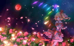Rule 34 | 1girl, absurdres, artist name, bare shoulders, blonde hair, bow, braid, choker, collarbone, corset, cowboy shot, crystal, dated, detached sleeves, dress, flandre scarlet, flower, frilled choker, frilled gloves, frilled skirt, frilled sleeves, frills, full moon, gloves, glowing, glowing eyes, hair bow, hand up, hat, highres, id kun, leaf, leg up, looking at viewer, mary janes, moon, night, night sky, open mouth, petals, plant, red bow, red choker, red dress, red footwear, red moon, shoes, short hair, showgirl skirt, side ponytail, skirt, sky, smile, solo, spread wings, standing, standing on one leg, star (sky), starry sky, teeth, thighhighs, touhou, white gloves, wings