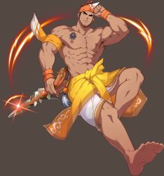 Rule 34 | 1boy, abs, alternate costume, armband, armpit hair, armpits, bara, biceps, bracelet, brown hair, chest hair, chest tattoo, clothes around waist, dagger, facial hair, frown, full service (mazjojo), gyee, hairy, hand on own face, headband, highres, jacket, jacket around waist, jewelry, knife, large pectorals, long sideburns, male focus, manly, mature male, mazjojo, muscular, muscular male, nipples, official art, oki ardana, pectorals, scabbard, sheath, sideburns, skirt, solo, spiked hair, stubble, tan, tattoo, thick arms, thick eyebrows, thick thighs, thighs, topless male, transparent background, veins, veiny arms, weapon, yellow eyes