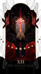 Rule 34 | 1boy, black hair, black jacket, character name, closed eyes, collared shirt, cupping hands, emmmerald, fullmetal alchemist, highres, jacket, male focus, own hands together, parted lips, shirt, solo, star (symbol), tarot, tarot (medium), the hanged man (tarot), tim marcoh, upside-down, white shirt