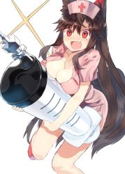 Rule 34 | 1girl, alternate costume, animal ears, bad id, bad twitter id, bare legs, blush, bow, breasts, brown hair, cleavage, commentary request, fang, hair bow, hat, highres, holding, imaizumi kagerou, large breasts, large syringe, long hair, nose blush, nurse, nurse cap, open mouth, oversized object, red eyes, simple background, solo, suminagashi, syringe, tail, tears, touhou, white background, wolf ears, wolf tail