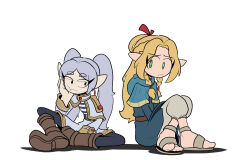 Rule 34 | 2girls, blue capelet, blue robe, capelet, crossover, dangle earrings, detached hood, drop earrings, dungeon meshi, earrings, elf, frieren, hair around ear, highres, hood, hooded capelet, jewelry, marcille donato, multiple girls, pointy ears, pringus mcdingus, robe, shirt, sousou no frieren, striped clothes, striped shirt, twintails, white capelet