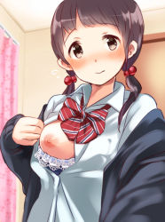 Rule 34 | 1girl, black jacket, blue bra, blunt bangs, blush, bow, bowtie, bra, bra pull, breasts, brown eyes, brown hair, ceiling, clothes pull, collared shirt, curtains, dress shirt, flashing, flying sweatdrops, hair bobbles, hair ornament, hair over shoulder, hatomugi (mugicha), highres, indoors, jacket, lace, lace-trimmed bra, lace trim, long hair, long sleeves, looking at viewer, low twintails, medium breasts, nervous, nipples, off shoulder, one breast out, open clothes, open jacket, open shirt, oppai challenge, original, outstretched arm, reaching, reaching towards viewer, school uniform, selfie, shirt, solo, striped bow, striped bowtie, striped clothes, striped neckwear, twintails, underwear, wavy mouth