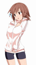 Rule 34 | 1girl, ?, bike shorts, blush, breasts, brown eyes, brown hair, character request, cleavage, covering privates, covering crotch, jacket, miki purasu, open clothes, open mouth, solo, sportswear, track jacket