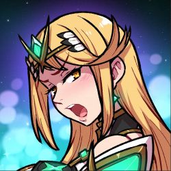 Rule 34 | 1girl, akairiot, blonde hair, blush, commission, earrings, from side, glowing, jewelry, long hair, mythra (xenoblade), open mouth, portrait, smile, solo, xenoblade chronicles (series), xenoblade chronicles 2