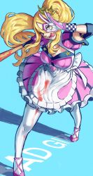 Rule 34 | 1girl, apron, bad girl, bad id, bad twitter id, baseball bat, blonde hair, blood, blood on clothes, bloody weapon, blue eyes, breasts, calilo, cleavage, commentary, crazy eyes, crown, dress, english commentary, gloves, highres, large breasts, long hair, mini crown, no more heroes, ok sign, pink dress, pink footwear, pink gloves, solo, tongue, tongue out, twintails, waist apron, weapon, white legwear