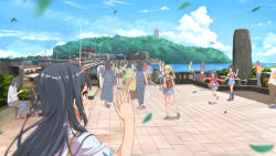 Rule 34 | black hair, blonde hair, blue eyes, blunt bangs, blurry, blurry background, blush, brown eyes, building, cardigan, commentary request, crowd, day, enoshima, hairband, highres, holding hands, kazeno, long hair, looking at another, motor vehicle, multiple boys, multiple girls, open mouth, original, outdoors, pleated skirt, real world location, sailor collar, scenery, school uniform, serafuku, short hair, side ponytail, skirt, sleeves past wrists, smile, sweater vest, tree, waving, wind