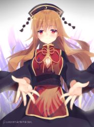 Rule 34 | 1girl, aura, blonde hair, blush, breasts, brown sash, chinese clothes, cleavage cutout, closed mouth, clothing cutout, commentary request, energy, eyes visible through hair, fox print, fox tail, gold trim, gradient background, hair between eyes, highres, junko (touhou), large breasts, long hair, long sleeves, looking at viewer, momomaron, multiple tails, neck ribbon, outstretched arms, phoenix crown, print tabard, ribbon, simple background, smile, solo, standing, tabard, tail, tassel, touhou, twitter username, wide sleeves, yellow eyes, yellow ribbon