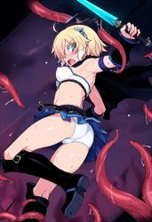 Rule 34 | 1girl, ahoge, aqua eyes, armpits, ass, belt, blonde hair, blue skirt, blush, boots, breasts, cape, character request, cleft of venus, commentary request, copyright request, detached sleeves, fang, from behind, hair ornament, holding, holding knife, holding weapon, imminent rape, knee boots, knife, looking back, medium breasts, miniskirt, null (nyanpyoun), open mouth, panties, pantyshot, pleated skirt, restrained, short hair, skirt, solo, strapless, sweat, tentacles, thighs, tube top, underwear, weapon, white panties