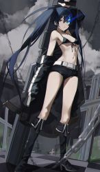 Rule 34 | 1girl, absurdres, belt, belt buckle, bikini, bikini top only, black bikini, black footwear, black hair, black rock shooter, black rock shooter (character), black shorts, blue eyes, boots, breasts, buckle, buri (retty9349), chain, checkered floor, cleavage, collarbone, flaming eye, floating hair, front-tie bikini top, front-tie top, gun, highres, holding, holding gun, holding weapon, knee boots, long hair, looking at viewer, micro shorts, navel, parted lips, shorts, sideboob, small breasts, solo, standing, swimsuit, twintails, very long hair, weapon, white belt