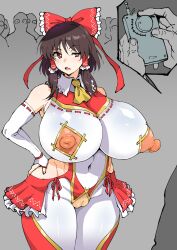 Rule 34 | 1girl, ahemaru, ascot, bare shoulders, bodysuit, bow, breasts, brown hair, cameltoe, cleft of venus, controller, elbow gloves, fingerless gloves, frills, gloves, hair bow, hair tubes, hakurei reimu, hand on own hip, henriiku (ahemaru), highres, huge breasts, navel, open mouth, red eyes, remote control, ribbon, see-through, skin tight, touhou, wide hips