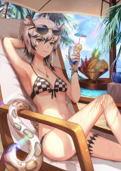 Rule 34 | 1girl, absurdres, animal ear fluff, animal ears, arknights, arm behind head, arm up, armpits, bad id, bad pixiv id, banana, bare arms, bare legs, bare shoulders, beach umbrella, bikini, black hair, blue sky, breasts, chair, checkered bikini, checkered clothes, cliffheart (arknights), commentary, cup, day, drinking glass, drinking straw, eyewear on head, fall (aki), feet out of frame, food, fruit, grey eyes, hair between eyes, hand up, highres, holding, holding cup, huge filesize, jewelry, knee up, leopard ears, leopard tail, looking at viewer, medium breasts, multicolored hair, navel, no headwear, palm tree, pendant, pineapple, short hair, silver hair, sitting, sky, smile, solo, stomach, streaked hair, sunglasses, sunglasses on head, swimsuit, tail, thighs, tree, umbrella