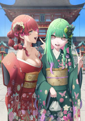 Rule 34 | 2girls, :d, absurdres, architecture, bare shoulders, blush, braid, breasts, building, cleavage, colored inner hair, day, drill hair, east asian architecture, facial mark, floral print, flower, frilled kimono, frills, green hair, green kimono, green nails, hair flower, hair ornament, highres, hololive, houshou marine, japanese clothes, kimono, kinchaku, large breasts, long sleeves, looking at viewer, multicolored hair, multiple girls, nail polish, obi, off shoulder, open mouth, otomi yuki, outdoors, pink eyes, pink hair, pouch, print kimono, purple hair, red flower, red hair, red kimono, sash, sleeves past fingers, sleeves past wrists, small breasts, smile, streaked hair, uruha rushia, v, virtual youtuber, wide sleeves, yellow eyes
