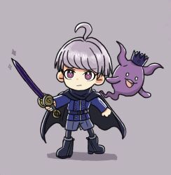 Rule 34 | 1boy, ahoge, black cape, black footwear, blue jacket, boots, cape, chibi, closed mouth, commentary request, crown, full body, ghost, grey background, grey shorts, highres, holding, holding sword, holding weapon, horns, jacket, long sleeves, male focus, master detective archives: rain code, open mouth, purple eyes, purple hair, shinigami (ghost) (rain code), shinigami (rain code), short hair, shorts, simple background, smile, sparkle, standing, sword, weapon, yuma kokohead, yuzu86442