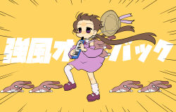 Rule 34 | 1girl, blush stickers, brooch, brown hair, collared dress, commentary request, detached sleeves, dress, emphasis lines, expressionless, floating hair, forehead, full body, hat, hat on back, heart, heart brooch, highres, holding, holding instrument, instrument, jewelry, keyboard (instrument), kyoufuu all back (vocaloid), loose thighhigh, low twintails, mary janes, melodica, music, neck ribbon, parody, pink ribbon, playing instrument, purple dress, purple eyes, ribbon, school hat, shoes, short dress, solo, song name, standing, standing on one leg, stuffed animal, stuffed rabbit, stuffed toy, thighhighs, translation request, tsukuyomi ai, twintails, unworn headwear, voiceroid, white thighhighs, wide sleeves, wind, yellow background, yunji