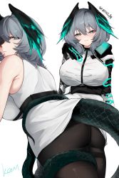 Rule 34 | 1girl, :3, absurdres, aqua eyes, arknights, arm under breasts, ass, bare shoulders, black pantyhose, blush, breasts, closed mouth, dress, grey hair, head wings, highres, ho&#039;olheyak (arknights), jingzi kgm, large breasts, leaning forward, long sleeves, looking at viewer, looking back, multiple views, pantyhose, short hair, signature, simple background, sleeveless, sleeveless dress, smile, snake tail, tail, upskirt, white background, white dress, wings