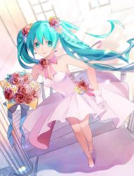 Rule 34 | 1girl, blue eyes, blue hair, blue ribbon, bouquet, braid, breasts, choker, cleavage, dress, earrings, floating hair, flower, from above, full body, gloves, hair between eyes, hair flower, hair ornament, hatsune miku, high heels, highres, holding, holding bouquet, indoors, jewelry, lipstick, long hair, looking at viewer, makeup, medium breasts, pink ribbon, pleated dress, pumps, q-chiang, red flower, red rose, ribbon, ribbon choker, rose, short dress, sleeveless, sleeveless dress, smile, solo, stairs, standing, strapless, strapless dress, twintails, very long hair, vocaloid, white dress, white gloves