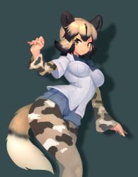 Rule 34 | 10s, 1girl, african wild dog (kemono friends), african wild dog print, animal ears, aqua background, black hair, blue bow, blue bowtie, blue shorts, bow, bowtie, breasts, closed mouth, collared shirt, denim, denim shorts, dog ears, dog tail, eyelashes, highres, impossible clothes, impossible shirt, kemono friends, lang., layered sleeves, light brown hair, long sleeves, medium breasts, multicolored clothes, multicolored hair, multicolored legwear, orange eyes, pantyhose, pantyhose under shorts, pocket, shirt, short hair, short over long sleeves, short sleeves, shorts, simple background, smile, solo, tail, tsurime, two-tone hair, white shirt, wide sleeves