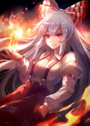 Rule 34 | &gt;:), 1girl, 60mai, black background, bow, breasts, commentary request, cowboy shot, fire, fujiwara no mokou, hair bow, hand in pocket, hand up, juliet sleeves, long hair, long sleeves, looking at viewer, medium breasts, ofuda, pants, puffy sleeves, red eyes, red pants, shirt, sidelocks, silver hair, smile, solo, suspenders, touhou, v-shaped eyebrows, very long hair, white bow, white shirt, wing collar