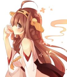 Rule 34 | 10s, 1girl, ahoge, bad id, bad twitter id, bare shoulders, brown hair, cherry blossoms, cup, detached sleeves, from side, headband, kantai collection, kongou (kancolle), kureno622, long hair, looking at viewer, md5 mismatch, nontraditional miko, orqz, resized, simple background, solo, tea, teacup