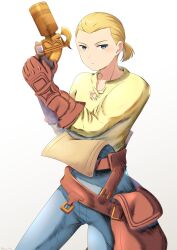 Rule 34 | 1boy, artist name, belt, blonde hair, blue eyes, blue pants, brown bag, closed mouth, final fantasy, final fantasy tactics, fwa rw, gloves, gun, highres, holding, holding gun, holding weapon, looking at viewer, male focus, mustadio bunansa, pants, ponytail, pouch, shirt, simple background, solo, strap, trigger discipline, two-handed, upper body, weapon, yellow shirt