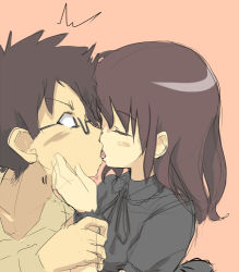 Rule 34 | 1boy, 1girl, ^^^, black ribbon, blush, blush stickers, brown eyes, brown hair, character request, closed eyes, daizu sanchi, french kiss, from side, glasses, hetero, holding another&#039;s wrist, kiss, long sleeves, lowres, orange background, original, ribbon, simple background, sketch, surprised, tongue, upper body, wide-eyed