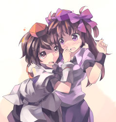 Rule 34 | 2girls, arm up, arm warmers, belt, black hair, blouse, blush, bow, brown hair, dress shirt, female focus, hair bow, hair ribbon, hand on another&#039;s face, hat, hat ribbon, himekaidou hatate, huanxiang huifeng, long hair, looking at another, multiple girls, necktie, nodata, open mouth, poking, purple eyes, red eyes, ribbon, shadow, shameimaru aya, shirt, short hair, short sleeves, simple background, skirt, tokin hat, touhou, twintails, white background, wrist cuffs, wristband, yuri