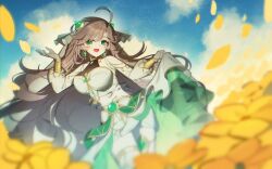 Rule 34 | 1girl, artist request, avarice (elsword), breasts, brown hair, clothes lift, elsword, falling petals, feet out of frame, flower, green eyes, halterneck, jewelry, large breasts, lithia beryl (elsword), long hair, long sleeves, midriff, navel, open mouth, outdoors, petals, puffy long sleeves, puffy sleeves, see-through, see-through skirt, see-through sleeves, skirt, skirt lift, sky, solo, wrist cuffs