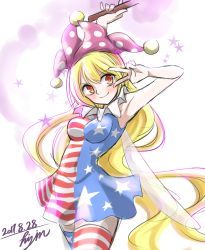 Rule 34 | 1girl, absurdres, aged up, american flag dress, american flag legwear, armpits, artist name, blonde hair, blush, breasts, clownpiece, dated, fairy wings, hat, highres, hisin, jester cap, long hair, medium breasts, multicolored clothes, multicolored legwear, neck ruff, orange eyes, signature, smile, star (symbol), thighhighs, torch, touhou, v, very long hair, white background, wings