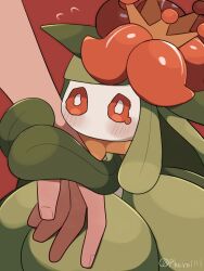 Rule 34 | 1other, a-nya, blush, bright pupils, commentary request, creatures (company), crown, fingernails, flower, flying sweatdrops, game freak, gen 5 pokemon, highres, holding another&#039;s wrist, lilligant, nintendo, orange eyes, orange flower, pokemon, pokemon (creature), red background, tearing up, twitter username, watermark, wavy eyes, white pupils