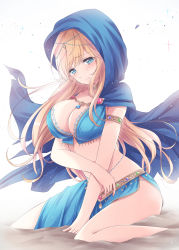 Rule 34 | 1girl, arm support, blonde hair, blue eyes, blush, breasts, cape, circlet, cleavage, closed mouth, crying, crying with eyes open, female focus, gem, gold, highres, hokuto vega (jpn), hood, hood up, jewelry, large breasts, long hair, looking at viewer, medium breasts, midriff, nanairo fuuka, original, personification, side slit, sitting, smile, solo, tears, umabi, very long hair, wariza