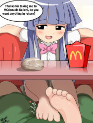 1boy 1girl barefoot black_eyes blue_hair blush drawskeiichi feet furude_rika higurashi_no_naku_koro_ni long_hair looking_to_the_side maebara_keiichi mcdonald&#039;s open_mouth soles toes