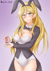 Rule 34 | 1girl, animal ears, anti (untea9), black bow, black bowtie, black coat, blonde hair, blue eyes, bow, bowtie, card, coat, commentary request, cowboy shot, detached collar, fake animal ears, gradient background, hair between eyes, highres, kantai collection, leotard, long hair, looking at viewer, mole, mole under eye, mole under mouth, playboy bunny, playing card, purple background, rabbit ears, richelieu (kancolle), solo, tailcoat, twitter username, white leotard