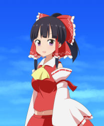 Rule 34 | 1girl, :d, ascot, black hair, blue sky, bow, breasts, cato (monocatienus), commentary, detached sleeves, frilled bow, frills, hair bow, hair tubes, hakurei reimu, highres, large bow, looking at viewer, medium breasts, open mouth, ponytail, purple eyes, red bow, red skirt, red vest, ribbon-trimmed sleeves, ribbon trim, skirt, sky, smile, solo, touhou, upper body, vest, yellow ascot