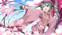 Rule 34 | 00s, 1girl, brown eyes, cherry blossoms, cloud, day, green hair, hat, hatsune miku, highres, inumine aya, long hair, navel, open mouth, outstretched arm, peaked cap, senbon-zakura (vocaloid), skirt, sky, solo, thighhighs, tree, twintails, very long hair, vocaloid