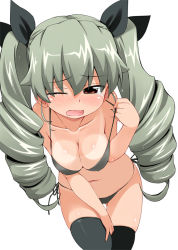 Rule 34 | 10s, 1girl, anchovy (girls und panzer), anchovy (girls und panzer), bad id, bad pixiv id, bakutendou, bikini, black bikini, black thighhighs, blush, breasts, cleavage, drill hair, girls und panzer, green hair, large breasts, long hair, open mouth, red eyes, side-tie bikini bottom, silver hair, solo, strap pull, swimsuit, tan, tanline, thighhighs, twin drills, twintails