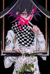 Rule 34 | 1boy, black background, black hair, black scarf, blood, blood in hair, blood on clothes, blood on face, buttons, chain, checkered clothes, checkered scarf, colored tips, commentary request, cowboy shot, danganronpa (series), danganronpa v3: killing harmony, double-breasted, finger in own mouth, fingernails, flower, holding, holding frame, iei, jacket, layered sleeves, long sleeves, looking at viewer, male focus, me (lililico), multicolored hair, oma kokichi, partial commentary, pink shirt, purple eyes, purple hair, scarf, shirt, short hair, simple background, solo, spider lily, two-tone scarf, white flower, white jacket, white scarf, white sleeves