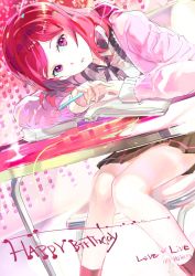 Rule 34 | 10s, 119, 1girl, book, happy birthday, highres, knees together feet apart, looking at viewer, love live!, love live! school idol project, neck ribbon, nishikino maki, open mouth, purple eyes, red hair, ribbon, sitting, skirt, socks, solo, sweater
