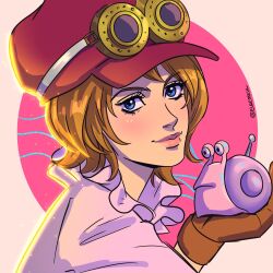 Rule 34 | 1girl, blue eyes, circle, commentary, ellie mehl, english commentary, frilled shirt collar, frills, goggles, goggles on headwear, hat, highres, holding, koala (one piece), looking at viewer, one piece, pink background, pink shirt, shirt, short hair, smile, snail, solo
