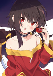 Rule 34 | 1girl, :o, absurdres, bare shoulders, black hat, blush, buckle, collar, collarbone, commentary request, dress, eyepatch, hat, highres, holding, kono subarashii sekai ni shukufuku wo!, long sleeves, looking at viewer, megumin, mousou (mousou temporary), off-shoulder dress, off shoulder, open mouth, red dress, red eyes, short hair with long locks, sidelocks, solo, unworn eyepatch, upper body, v-shaped eyebrows, witch hat