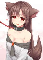 Rule 34 | 1girl, animal ears, bare shoulders, blush, breasts, brooch, brown hair, cleavage, collar, collarbone, heart, imaizumi kagerou, jewelry, large breasts, leash, long hair, off shoulder, open mouth, red eyes, shirt, smile, solo, tail, tokugawa landine, touhou, very long hair, wolf ears, wolf tail