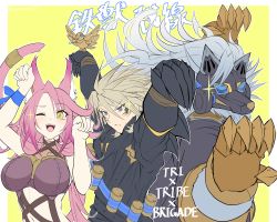 Rule 34 | 1girl, 2boys, absurdres, animal ears, armor, blonde hair, blue eyes, breasts, cat ears, cat girl, cat tail, claw pose, claws, duel monster, gauntlets, grey hair, highres, large breasts, long hair, looking at viewer, mask, midriff, multiple boys, navel, one eye closed, parody, paw pose, pink hair, signature, simple background, smile, synchroman, tail, translated, tri-brigade ferrijit the barren blossom, tri-brigade rugal the silver sheller, tri-brigade shuraig the ominous omen, upper body, very long hair, yellow background, yellow eyes, yu-gi-oh!