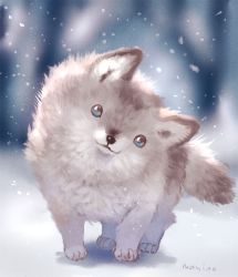 Rule 34 | :3, animal, animal focus, bad id, bad pixiv id, blue eyes, blurry, blurry background, commentary request, depth of field, highres, looking at viewer, manino (mofuritaionaka), multicolored hair, no humans, original, outdoors, signature, snow, snowing, wolf